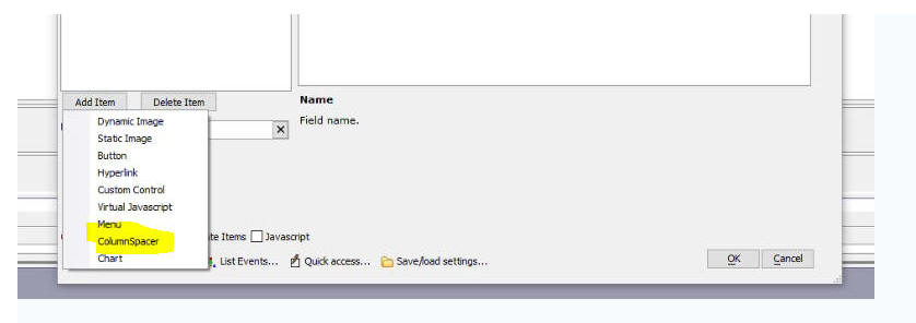 ColumnSpacer selected on the Fields tab